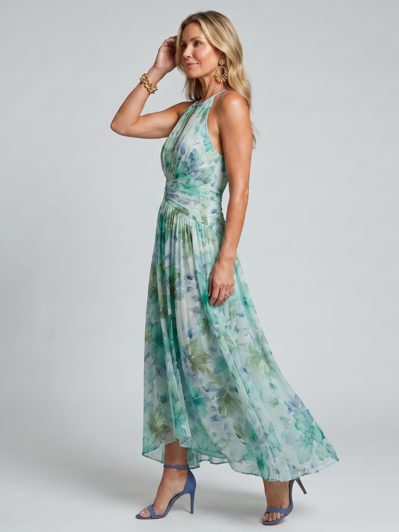 Floral Print Halter Neck Keyhole Pleated Maxi Dress 2