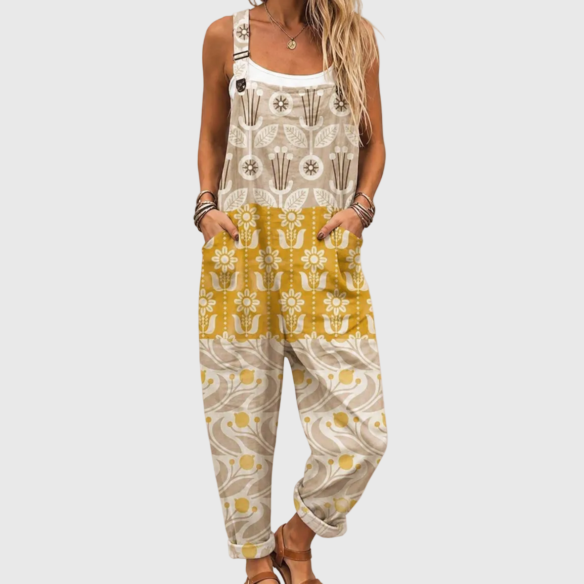 Retro Folk Floral Adjustable Strap Overall Jumpsuit