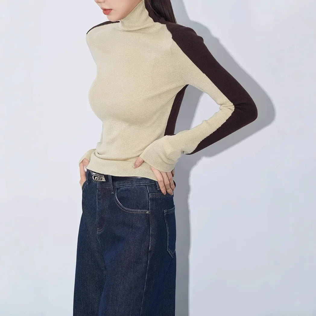 Colorblock Turtleneck Long Sleeve Slim Fit Top 4