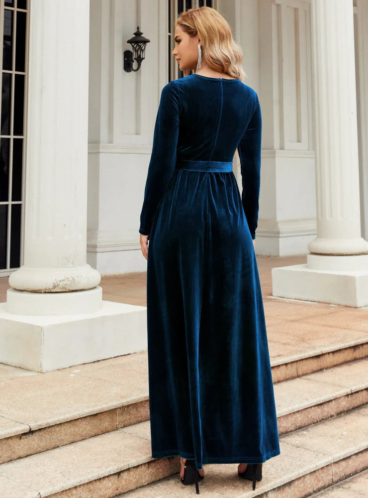 Round Neck Long Sleeve Belted Velvet Maxi Dress 3