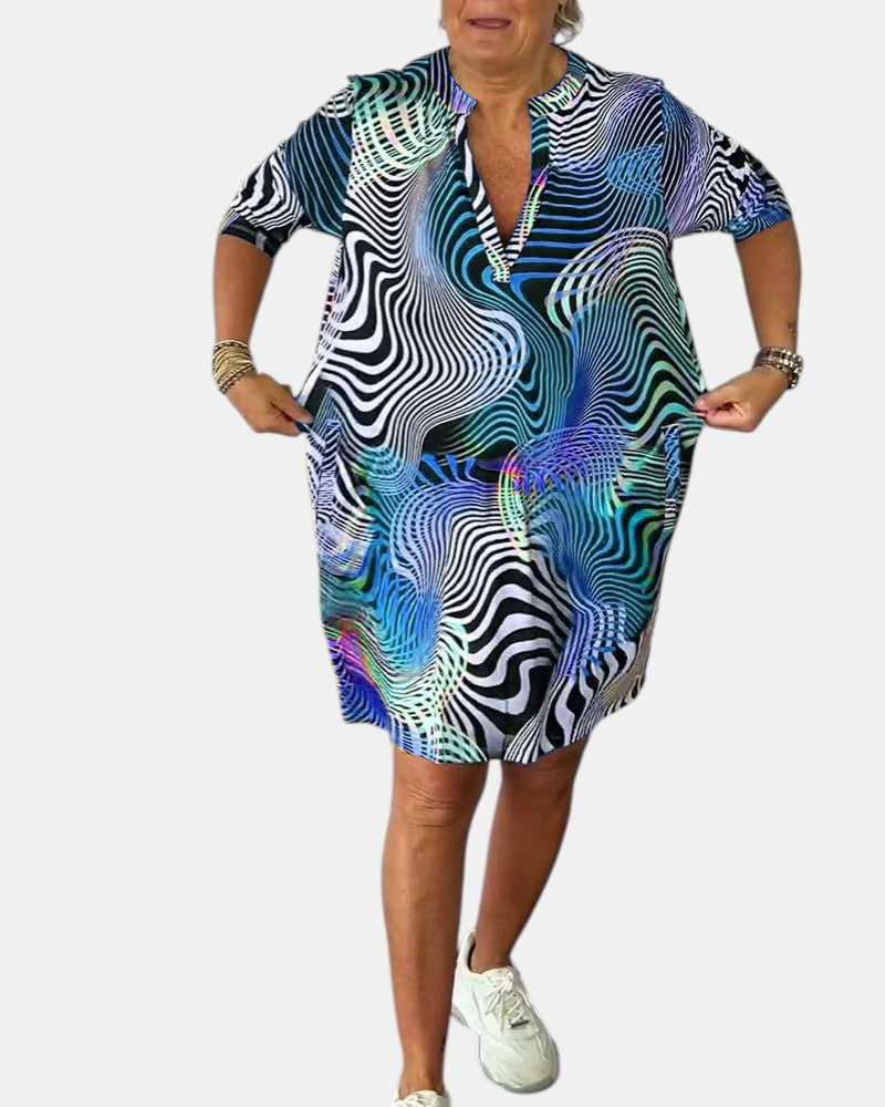 Abstract Print V-Neck Roll Sleeve Shirt Dress 4