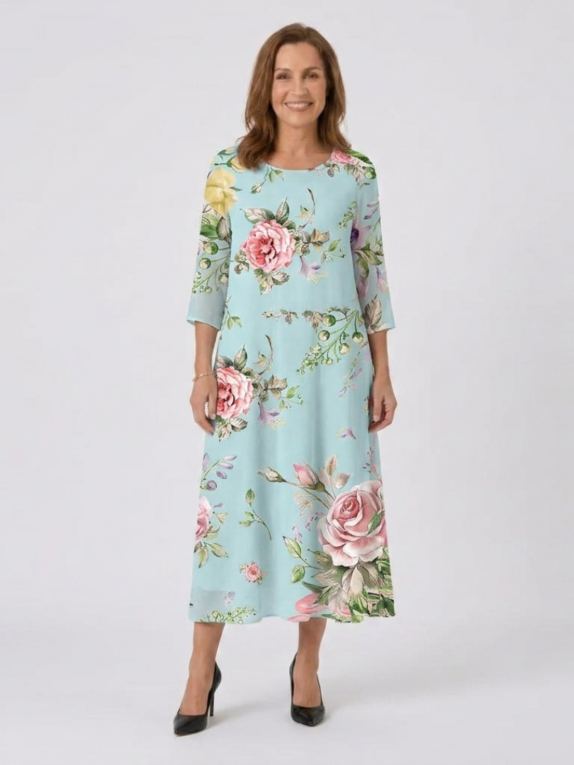 Floral Round Neck Quarter Sleeve Maxi Dress