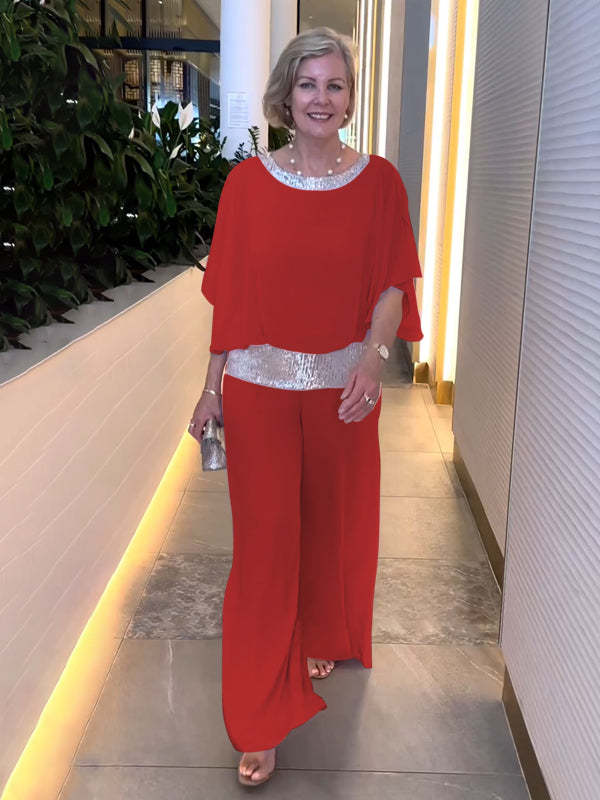 Chiffon Overlay Sequin Waist Wide Leg Two Piece Set 5