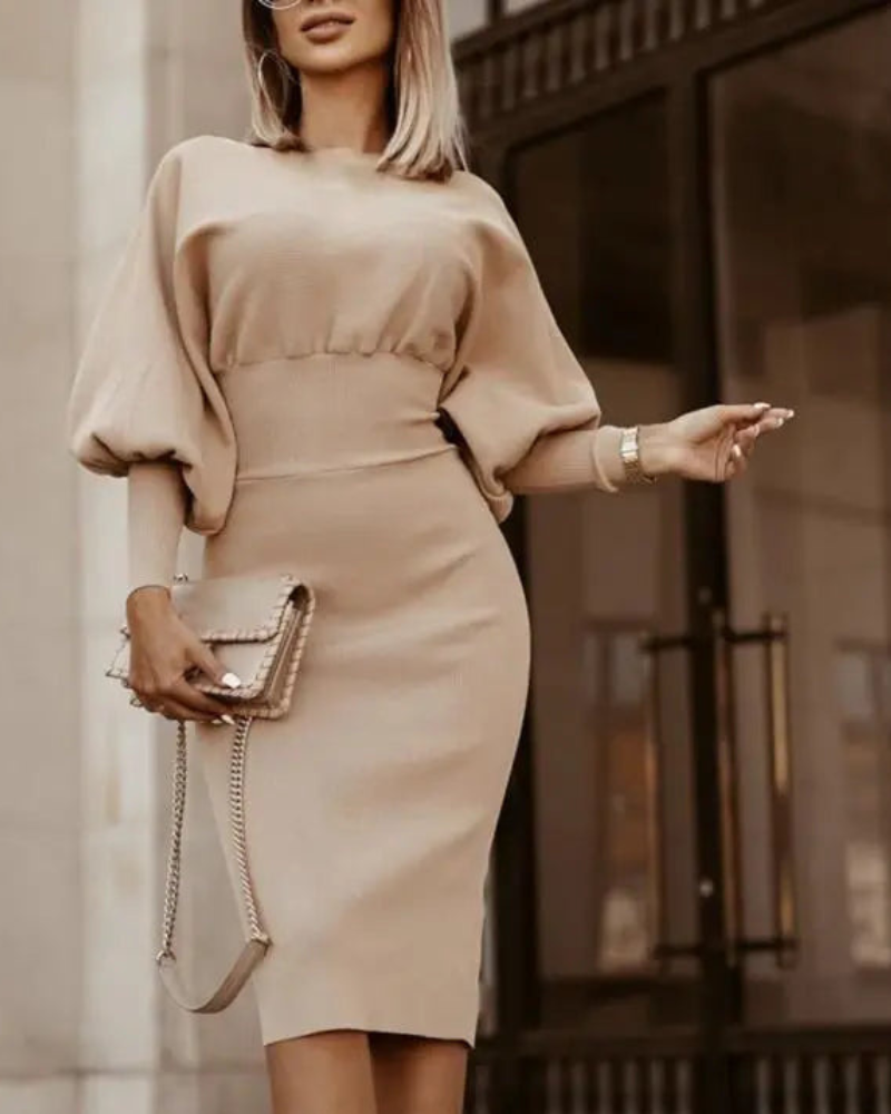 High Neck Puff Long Sleeve Bodycon Pencil Midi Dress - View 2
