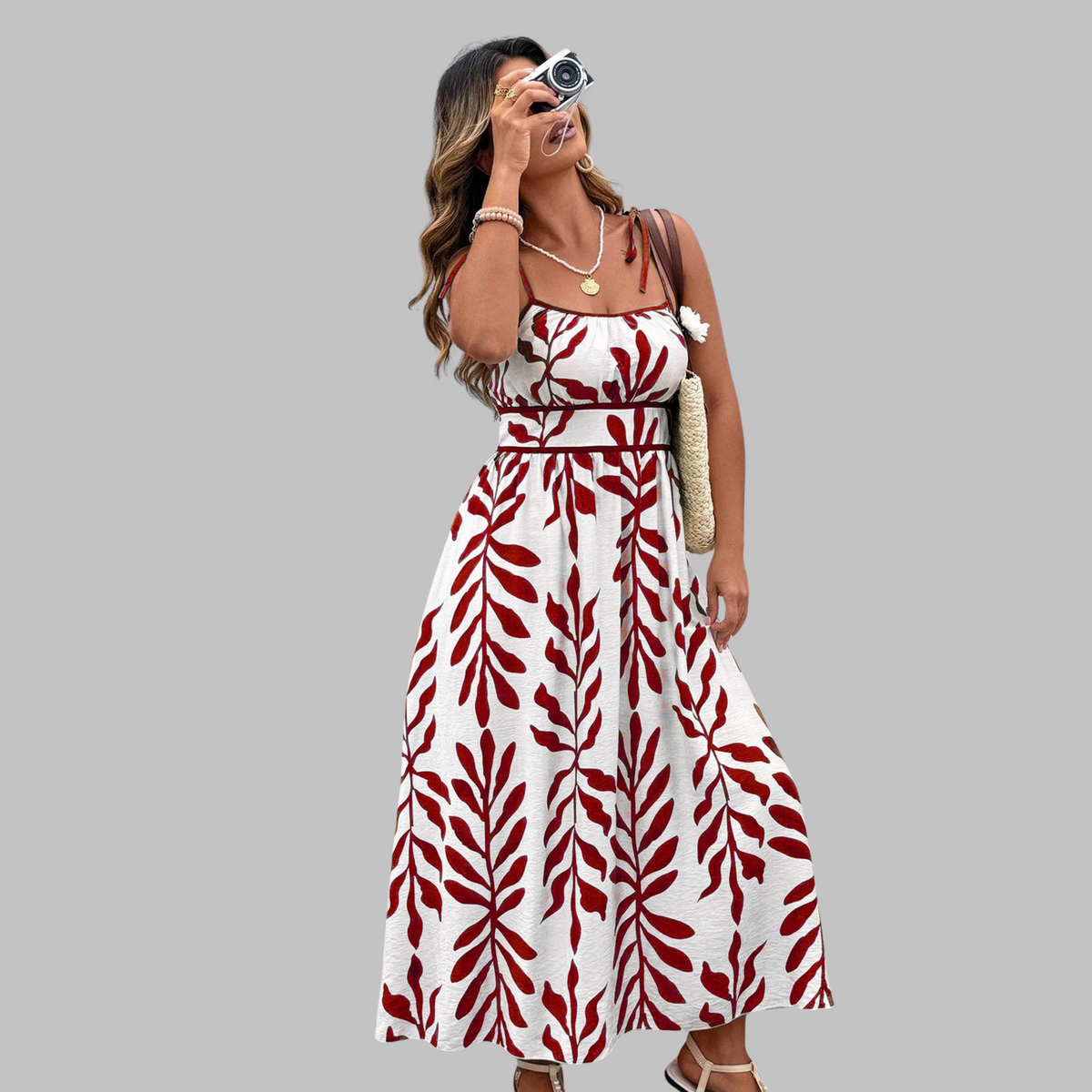 Leaf Print Square Neck Spaghetti Strap Maxi Sundress