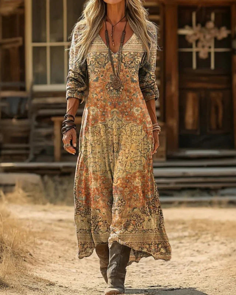 Embroidered V-Neck Long Sleeve A-Line Maxi Dress 3