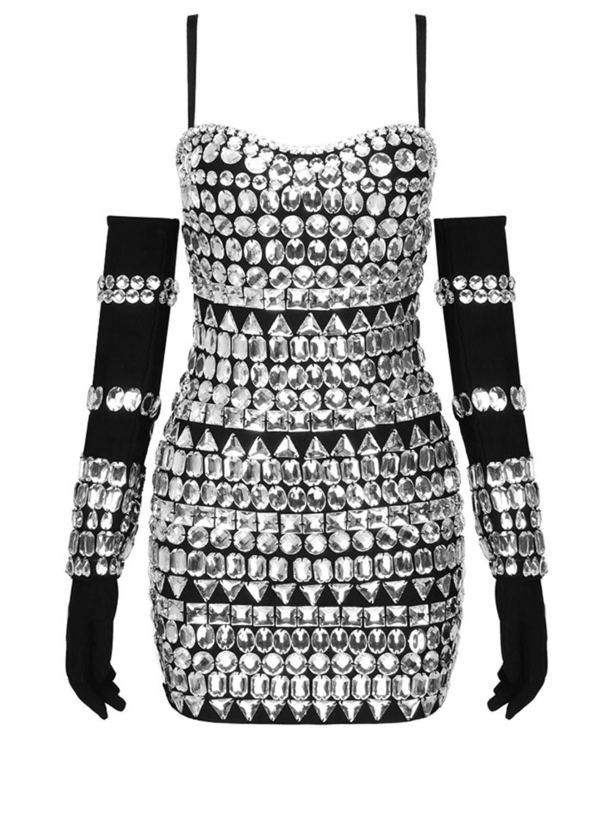 Rhinestone Sweetheart Spaghetti Strap Opera Glove Mini Dress Set - View 6