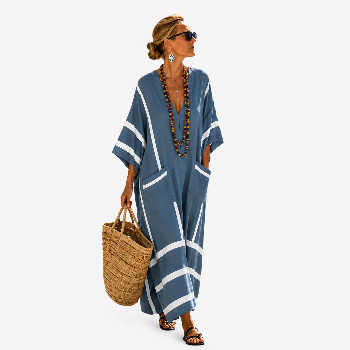 V-Neck Striped Batwing Sleeve Kaftan Maxi Dress