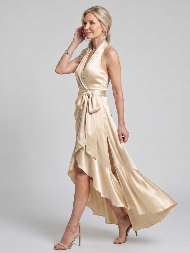 Satin Halter Neck Wrap Ruffle High Low Maxi Dress 2