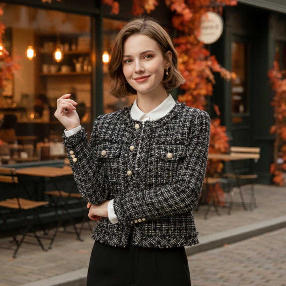 Tweed Check Round Neck Button Front Cropped Jacket 7