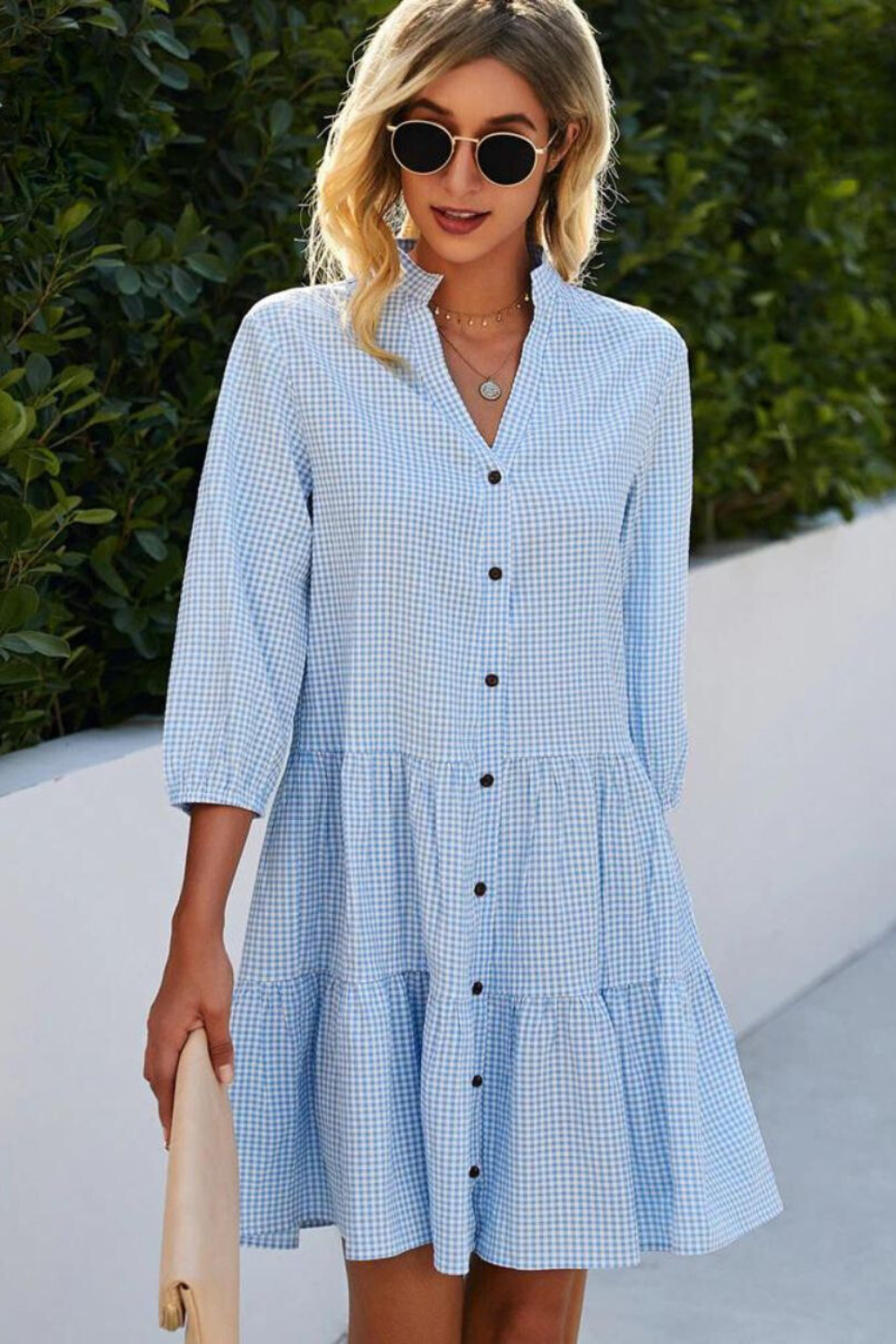 Gingham Check V-Neck Mandarin Collar Button Front Tiered Mini Dress - View 3