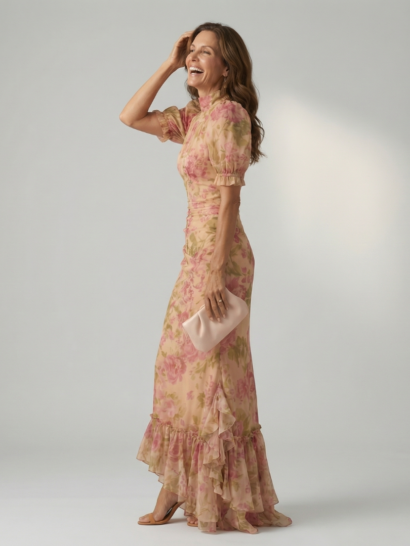 High Neck Puff Sleeve Floral Ruffle Hem Maxi Dress 2