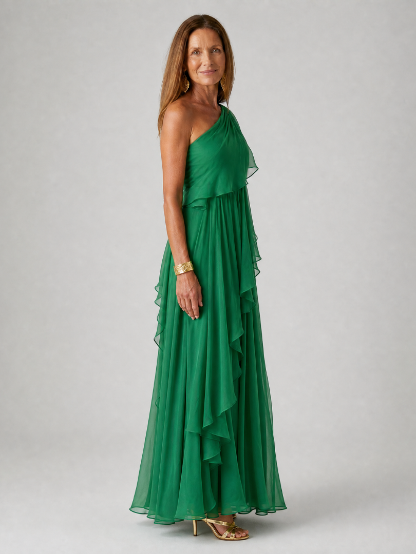 One Shoulder Ruffle Draped Chiffon Maxi Gown 2