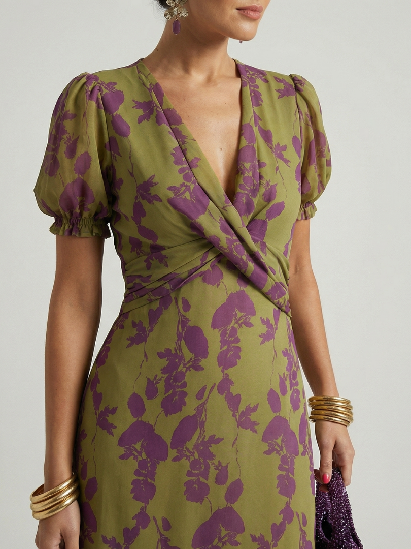 Floral Deep V-Neck Puff Sleeve Wrap Midi Dress 3