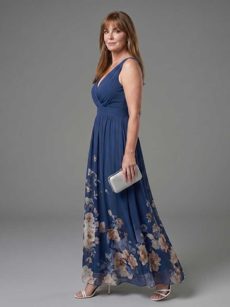 V-Neck Sleeveless Floral Hem Chiffon Maxi Dress 2