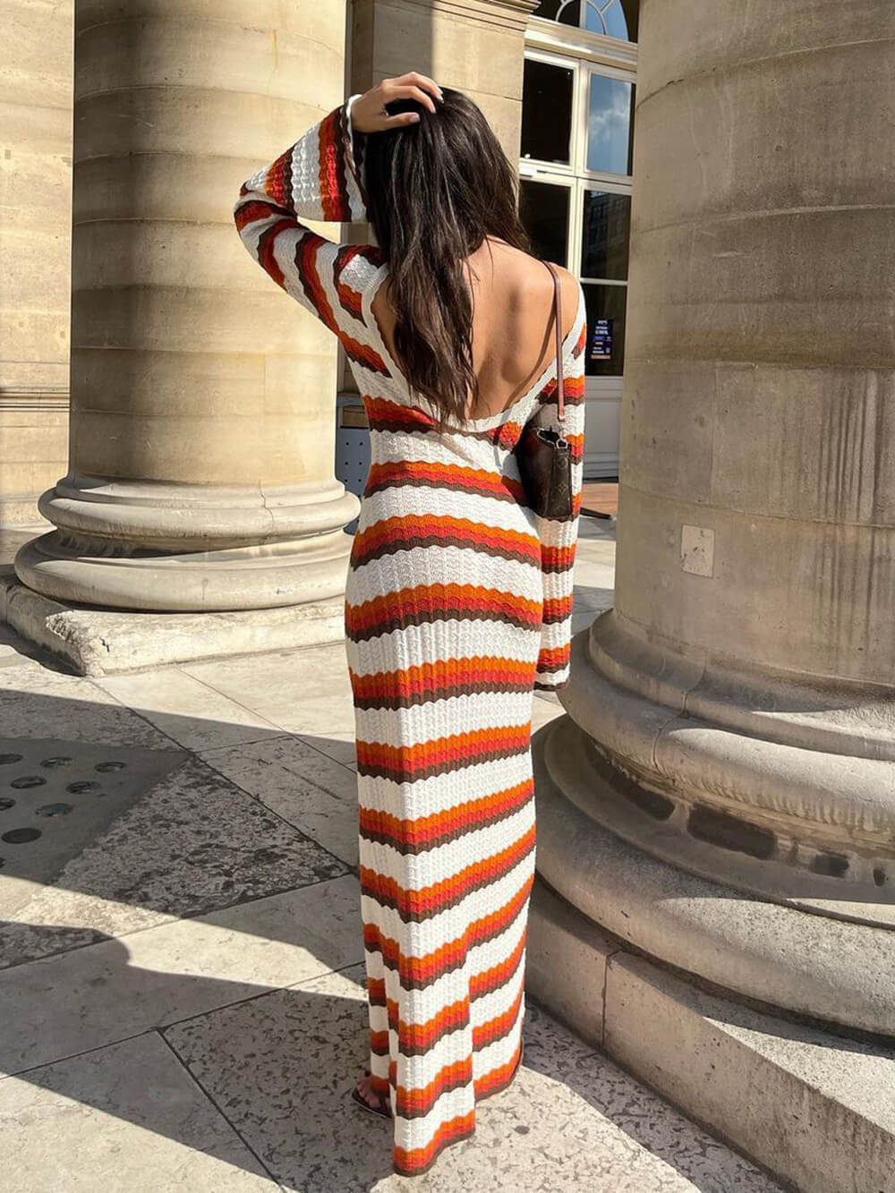 Crochet Zigzag Stripe Long Sleeve Bell Sleeve Maxi Dress - View 3