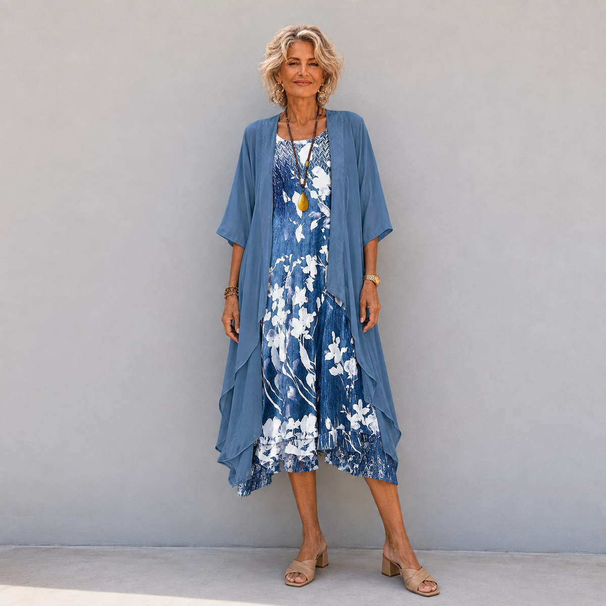 Floral Print Sleeveless Dress and Open Front Duster Two Piece Set 2