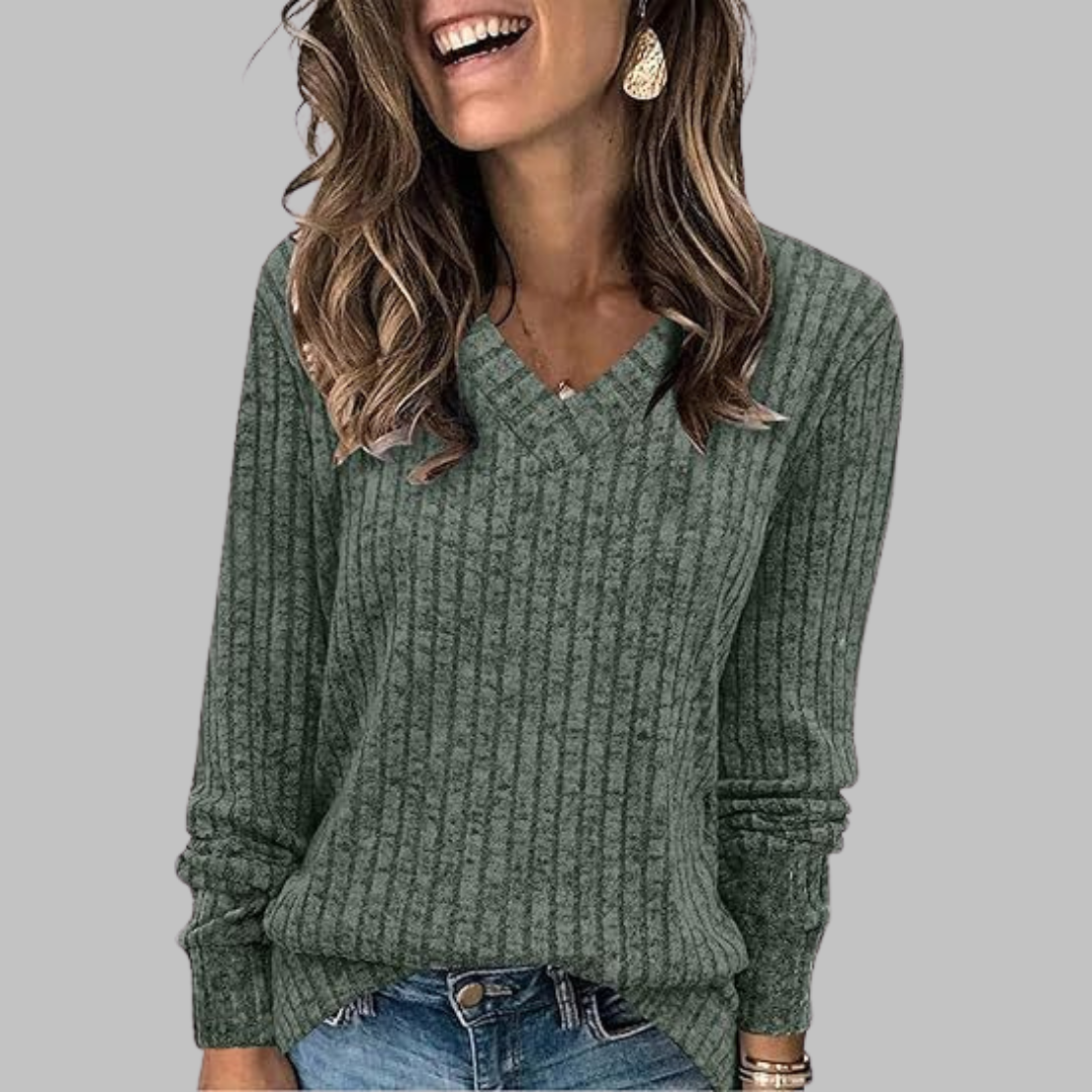 V-Neck Long Sleeve Ribbed Knit Sweater 7
