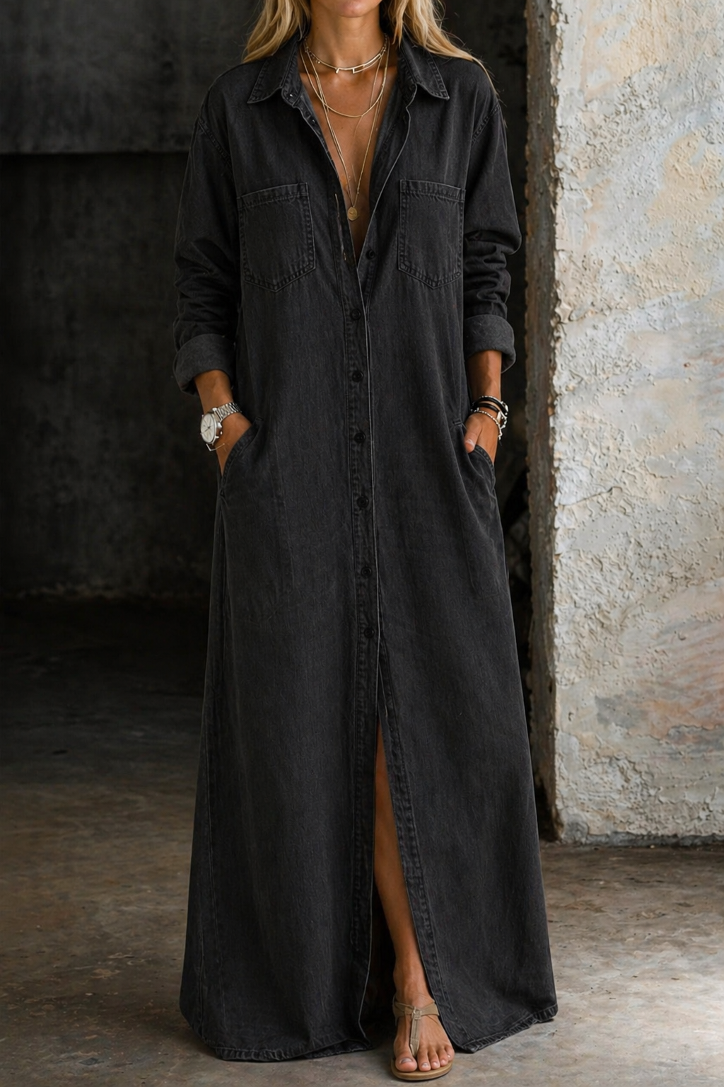 Button Front Collared Long Sleeve Denim Maxi Shirt Dress 2