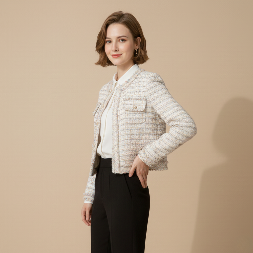 Tweed Check Round Neck Button Front Cropped Jacket 10