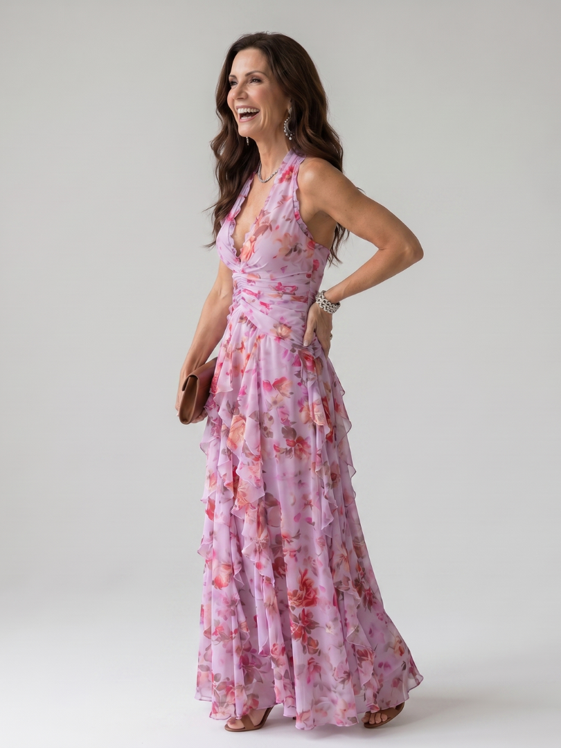 Halter Neck Ruffle Floral Maxi Dress 2