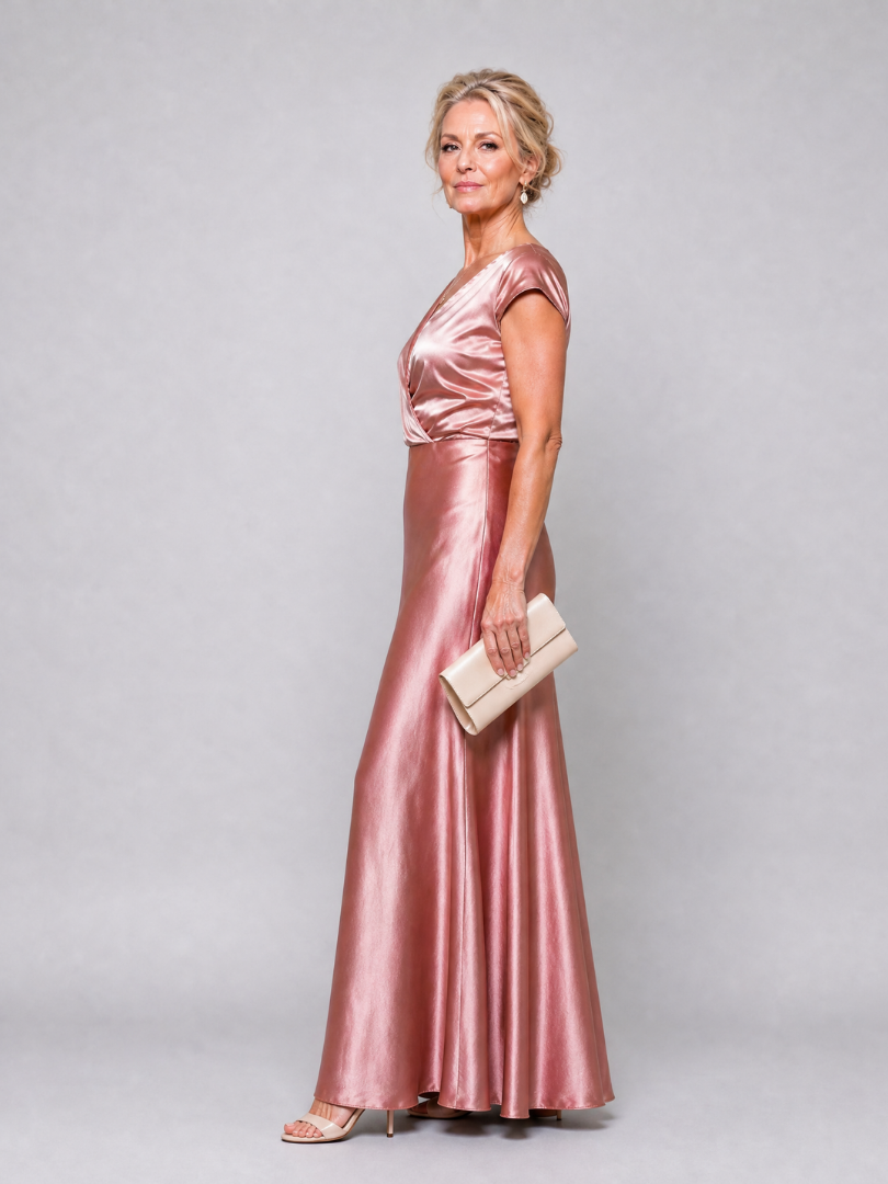 Surplice V-Neck Cap Sleeve Satin Maxi Gown 3