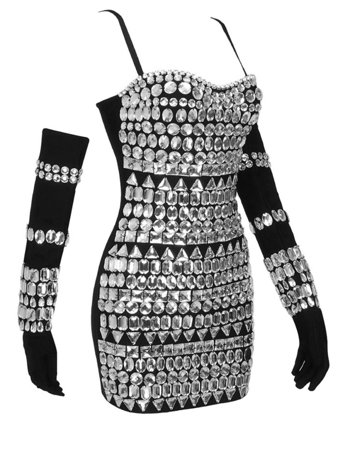 Rhinestone Sweetheart Spaghetti Strap Opera Glove Mini Dress Set - View 7