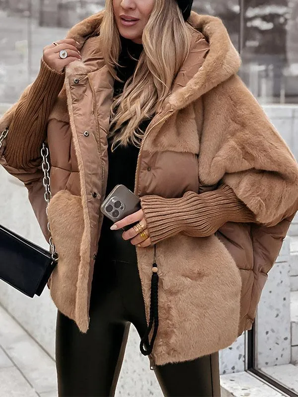 Hooded Faux Fur Ribbed Cuff Padded Puffer Jacket