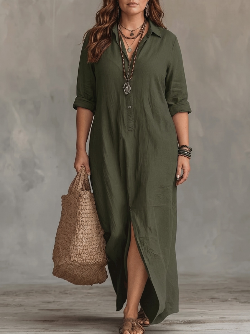 Collared Button Front Long Sleeve Side Split Maxi Shirt Dress 6