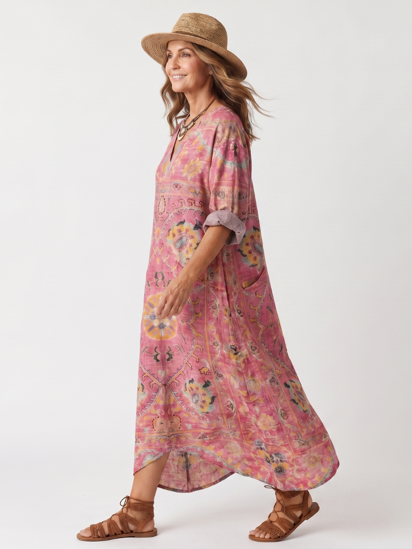 Medallion Print V-Neck Roll Sleeve Kaftan Maxi Dress 2