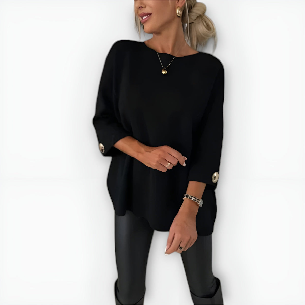 Round Neck Button Tab Sleeve Side Slit Oversized Sweater 3