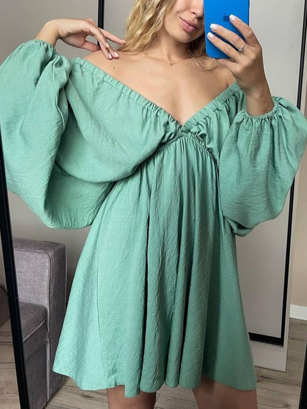 Deep V-Neck Balloon Sleeve Ruched Babydoll Mini Dress 11