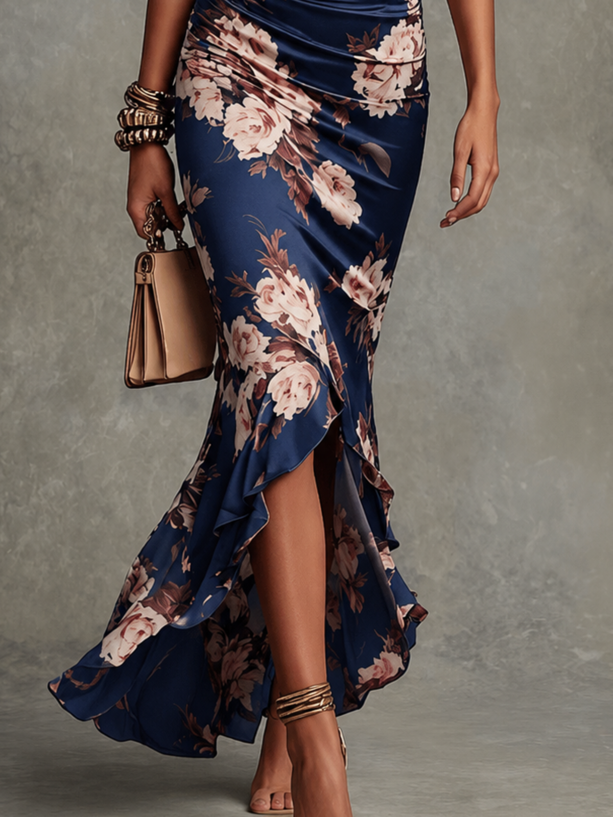 Floral Deep V-Neck Flare Sleeve Ruched High Split Maxi Dress 2