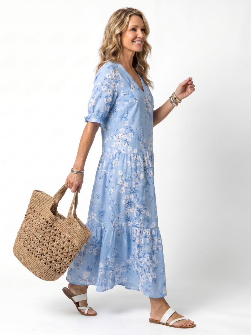 Floral Print V-Neck Puff Sleeve Tiered Maxi Dress 2