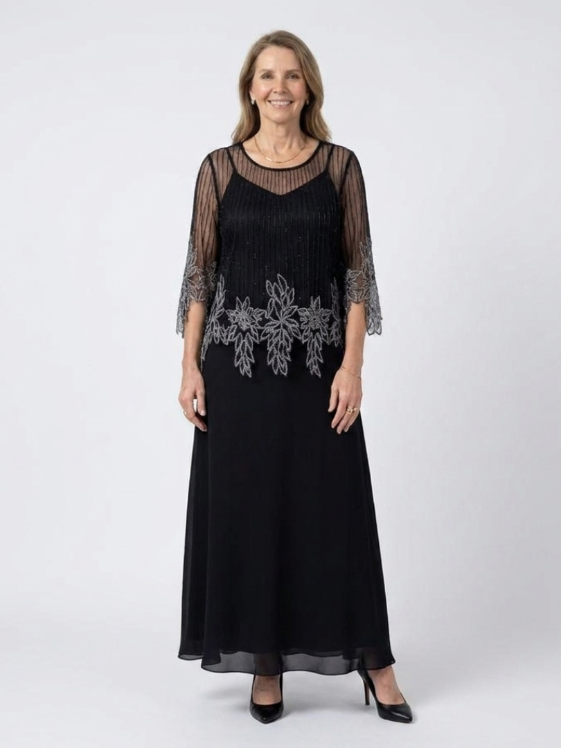Beaded Illusion Neck Sheer Sleeve Floral Overlay Maxi Gown