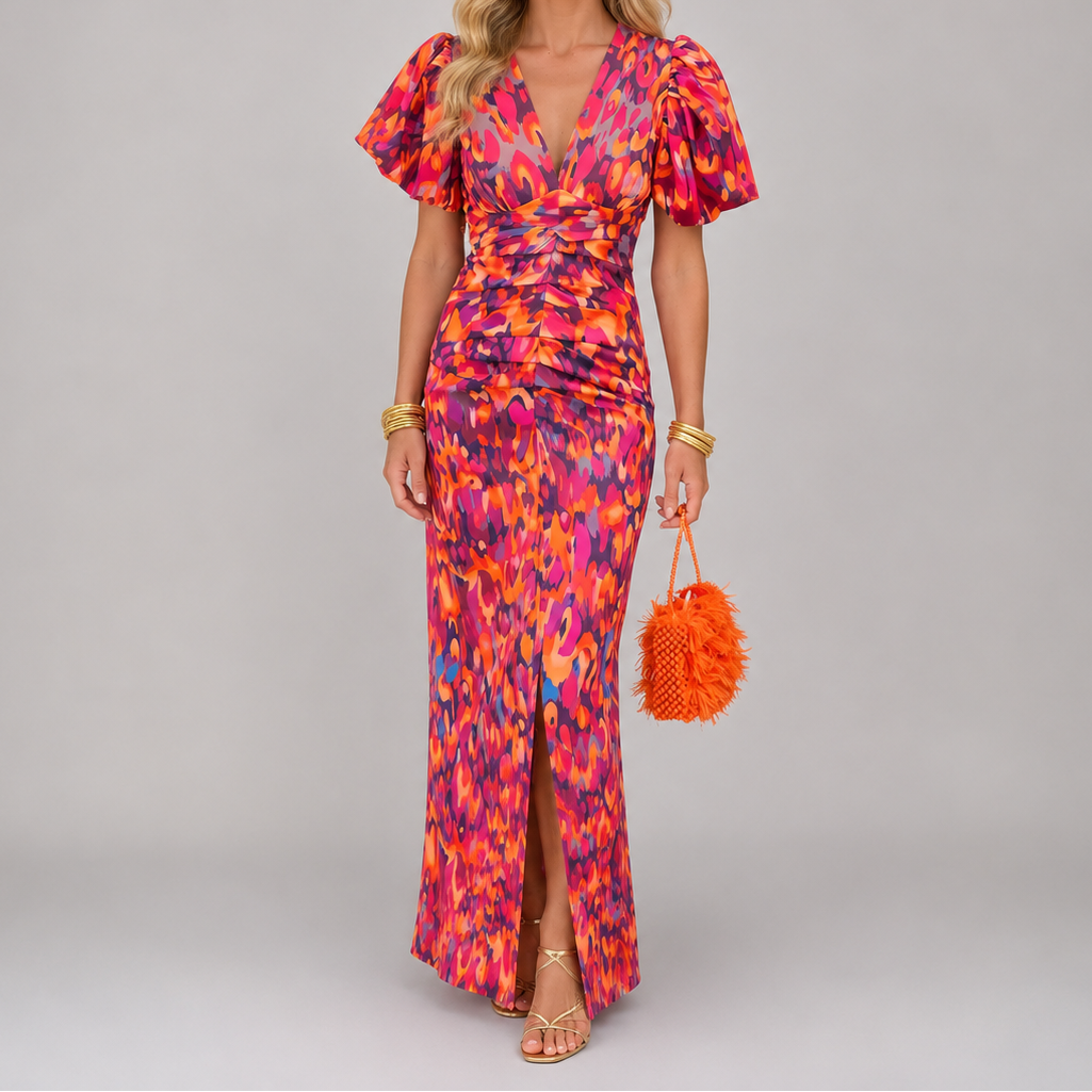 Ikat Print Deep V-Neck Puff Sleeve High Split Maxi Dress 2