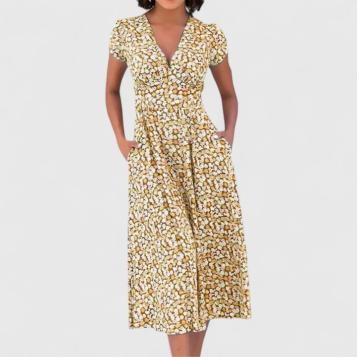 Ditsy Floral V-Neck Short Sleeve Pocket Midi Dress 2