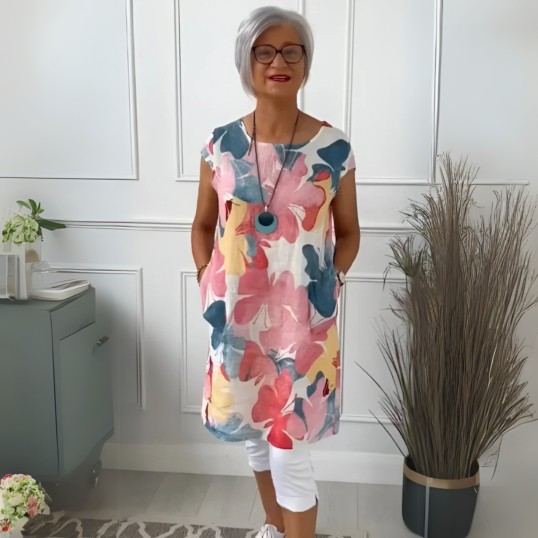 Watercolor Floral Round Neck Short Sleeve Tunic Dress 2