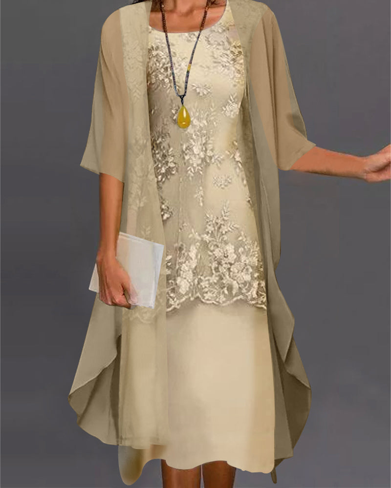 Floral Lace Embroidered Round Neck Midi Sheer Draped Hem Set