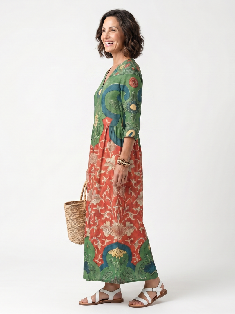 Mixed Print V-Neck Pocket Maxi Dress 2