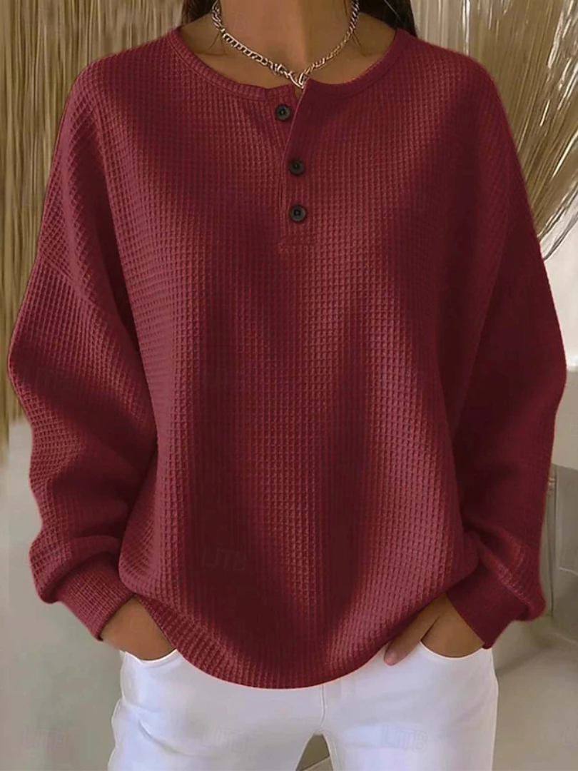 Waffle Knit Button Placket Long Sleeve Henley Top 2