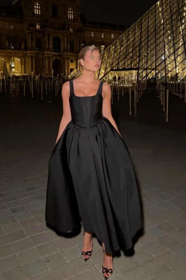 Square Neck Corset Bodice Wide Strap Gathered A-Line Midi Dress - View 6