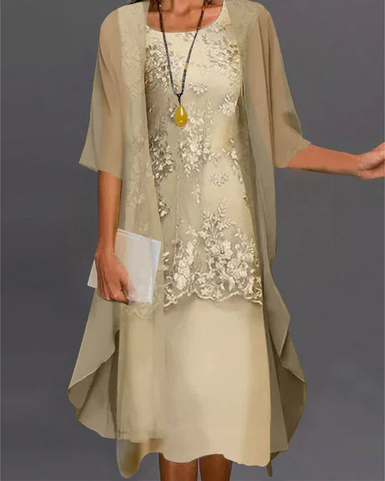 Lace Overlay Round Neck Midi Chiffon Open Front Cardigan Set - View 2