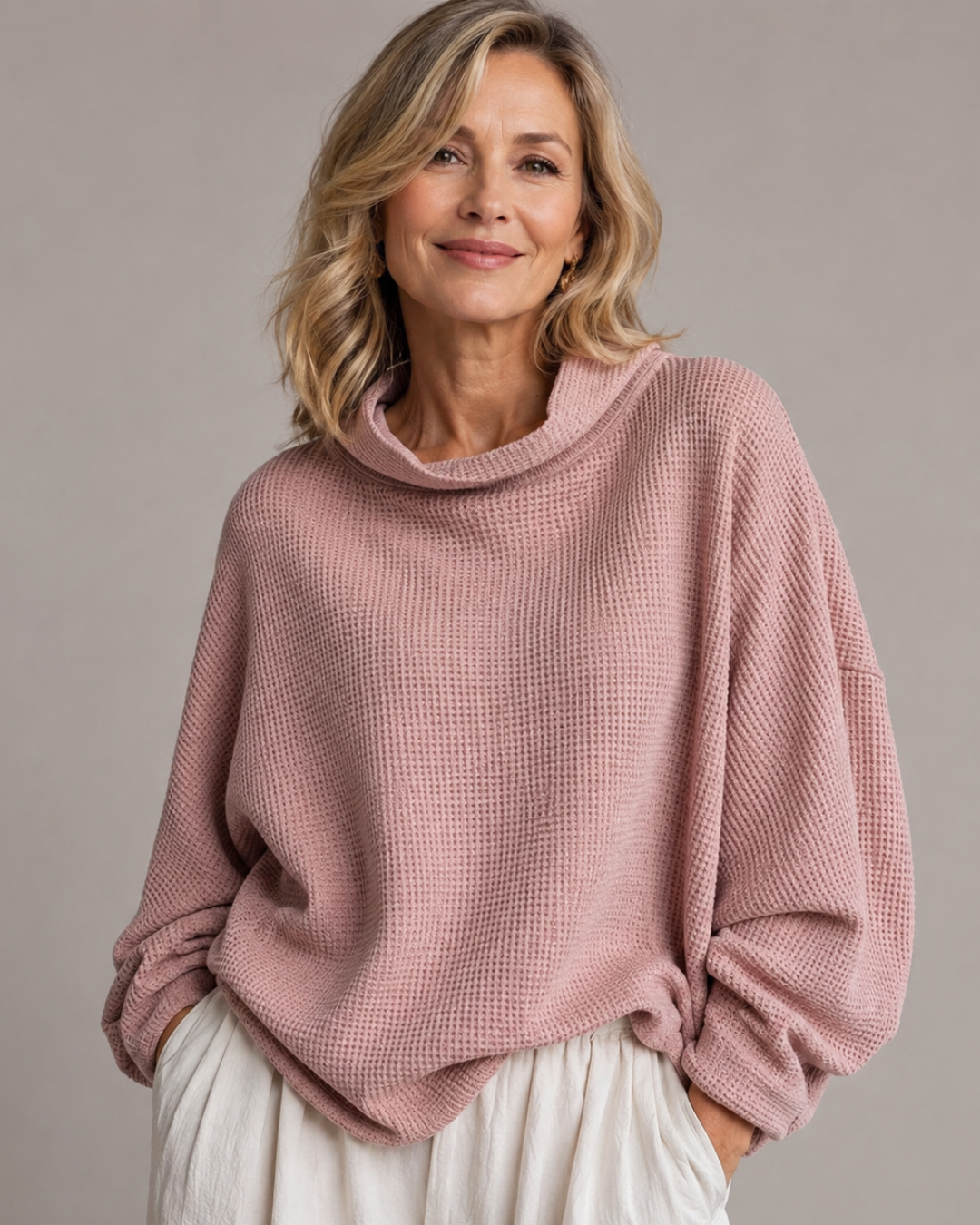 Waffle Knit Cowl Neck Oversized Long Sleeve Sweater 5
