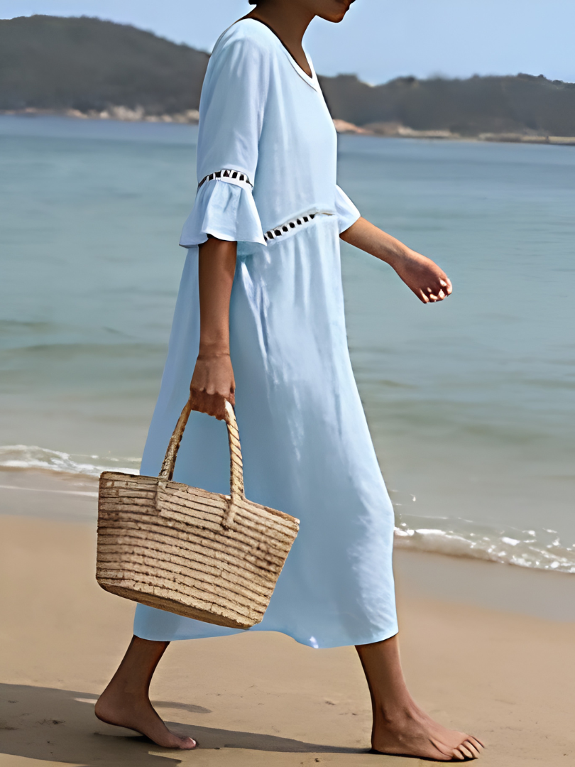Round Neck Crochet Trim Flare Sleeve Beach Midi Dress 5