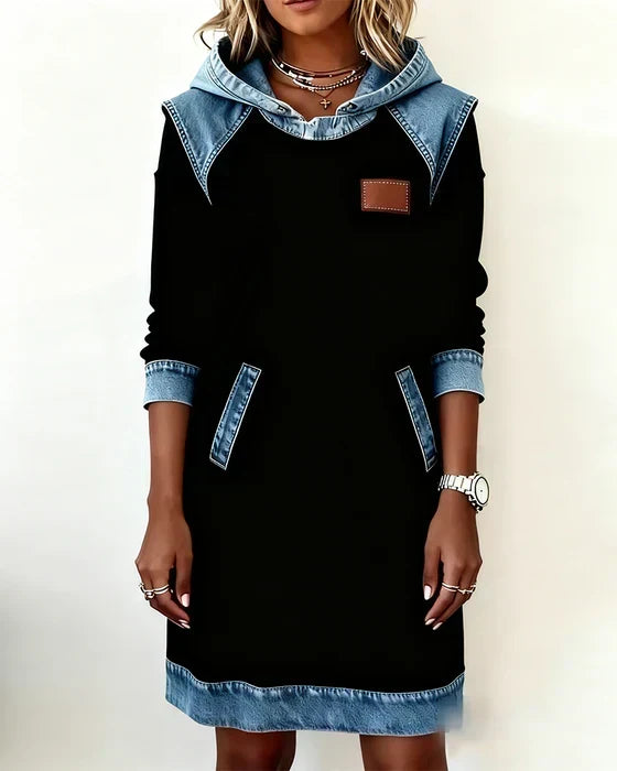 Hooded Denim Contrast Long Sleeve Sweatshirt Dress 5