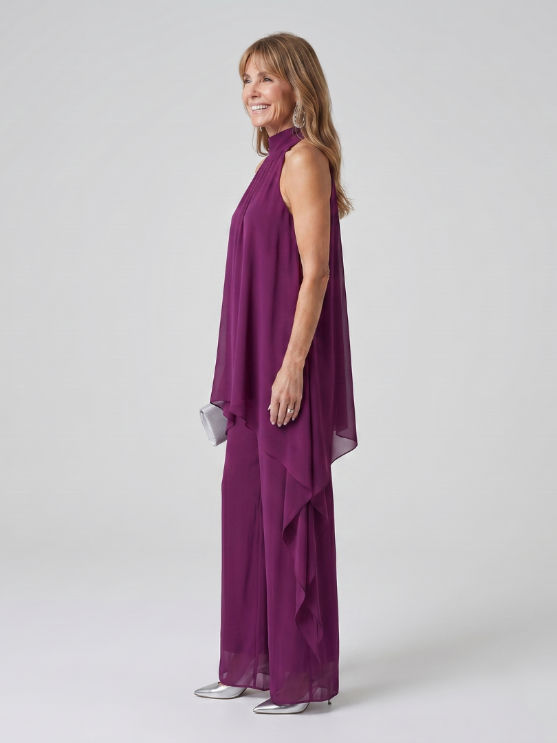 Halter Neck Chiffon Overlay Top and Wide Leg Pants Two Piece Set 2