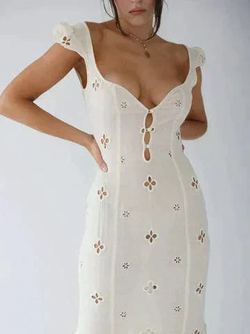 Eyelet Embroidered Cap Sleeve Keyhole Button Front Bodycon Midi Dress - View 5