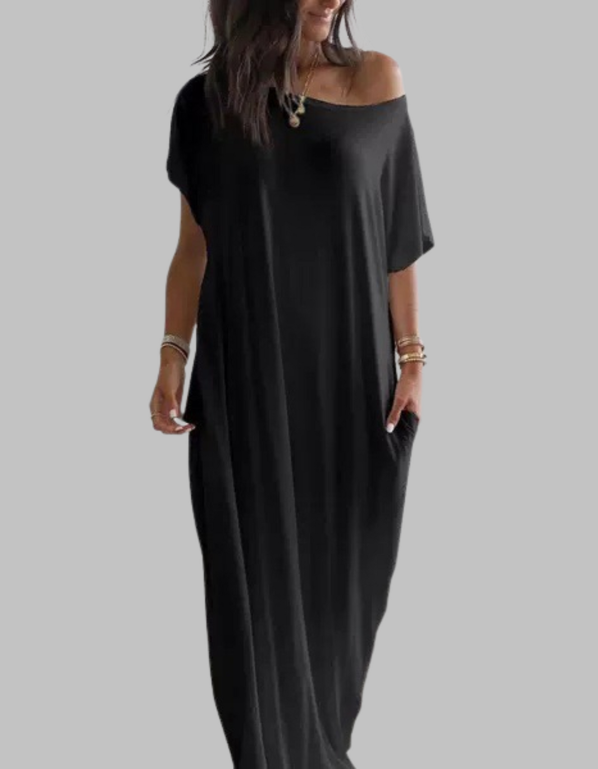 Round Neck Short Sleeve Loose Pocket Maxi Dress