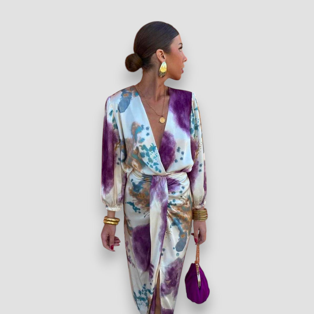 Watercolor Print Deep V-Neck Long Sleeve Wrap Midi Dress 3